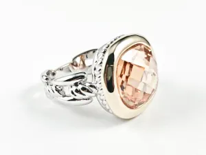 Modern Square Shape Center Amber Color CZ Gold Tone Frame Wire Band Texture Brass Ring