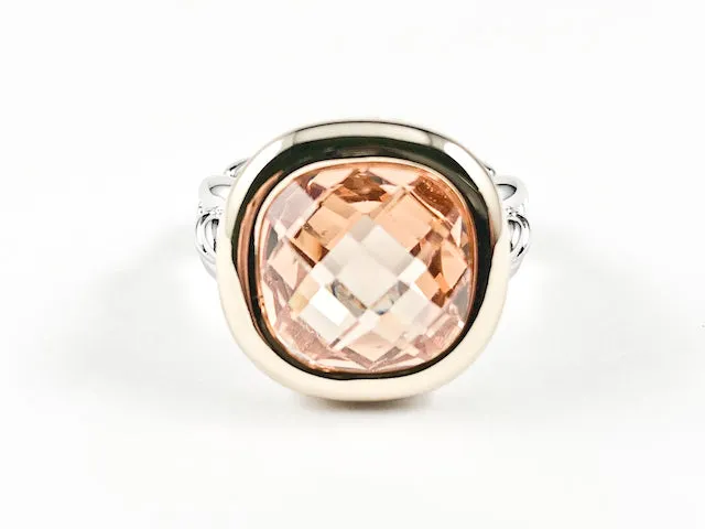 Modern Square Shape Center Amber Color CZ Gold Tone Frame Wire Band Texture Brass Ring
