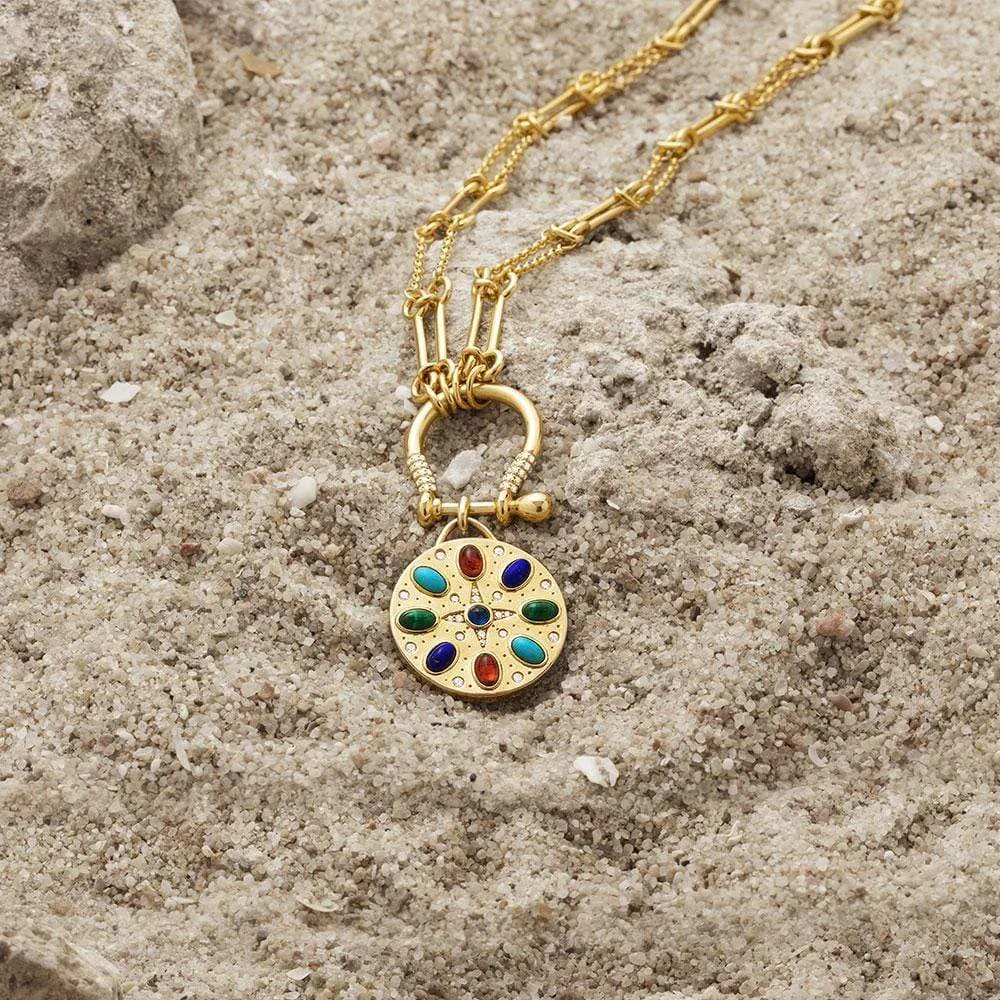 Multicolor Stone Medal Necklace - Yellow Silver