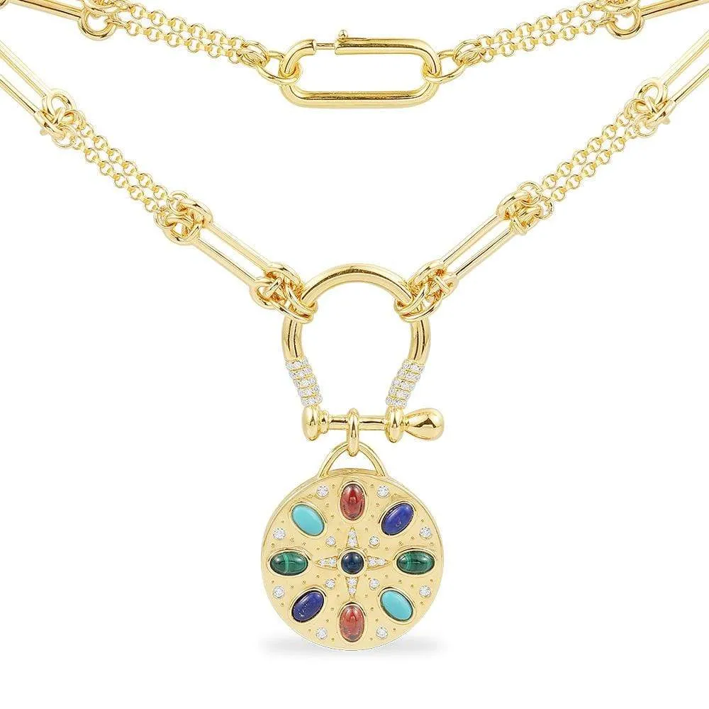 Multicolor Stone Medal Necklace - Yellow Silver