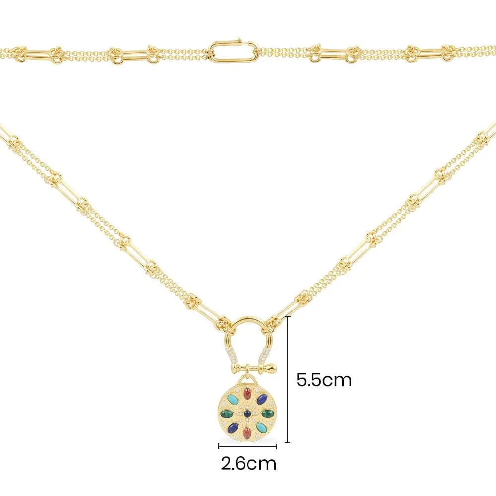 Multicolor Stone Medal Necklace - Yellow Silver