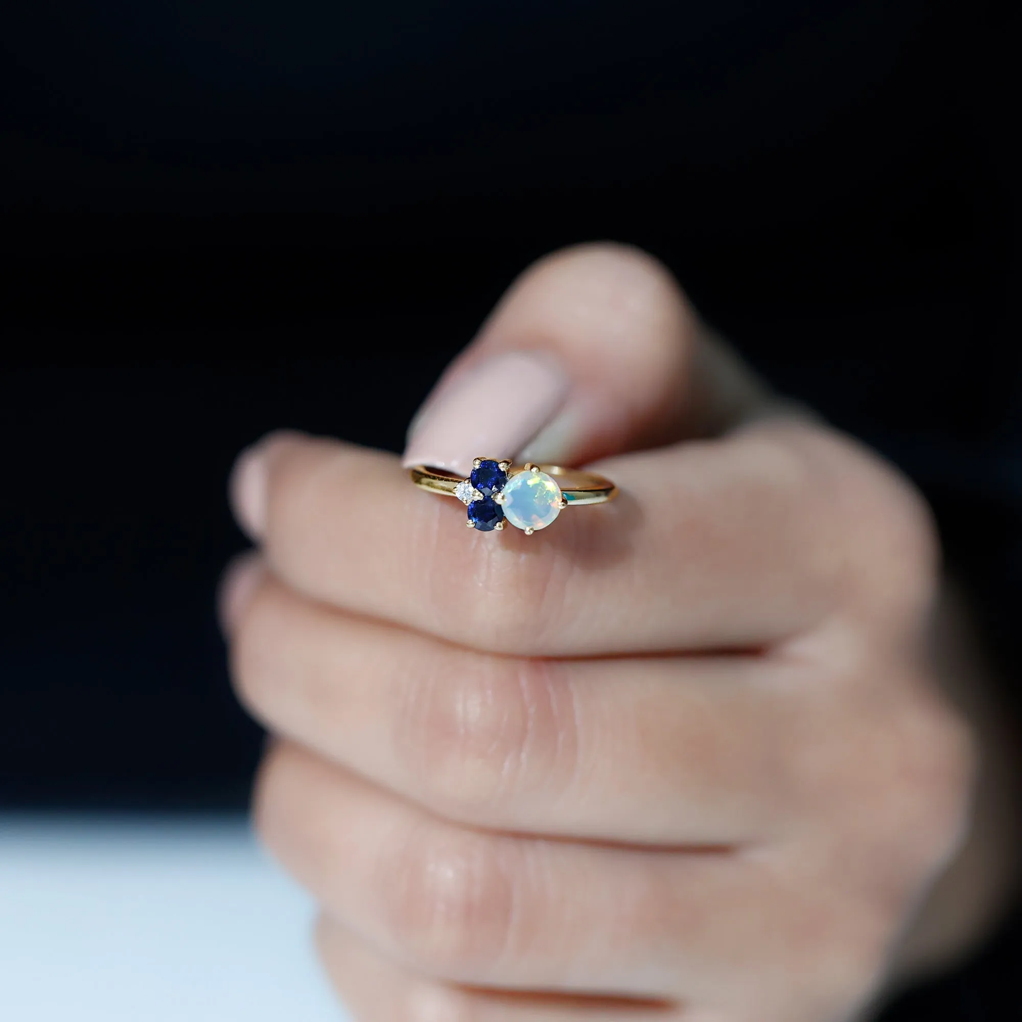 Natural Ethiopian Opal and Blue Sapphire Cluster Promise Ring with Moissanite