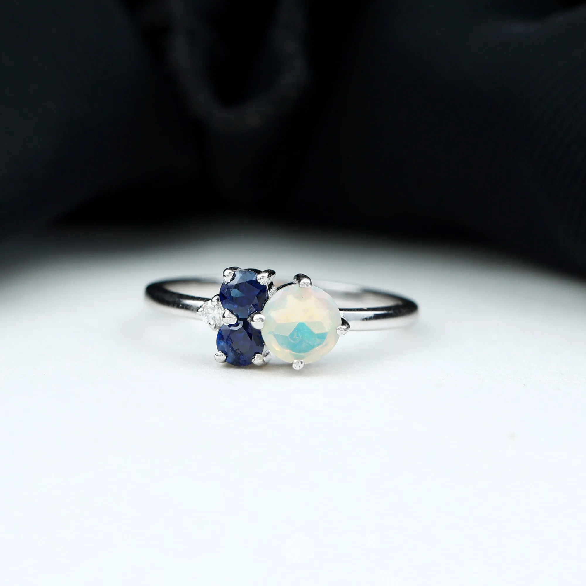Natural Ethiopian Opal and Blue Sapphire Cluster Promise Ring with Moissanite