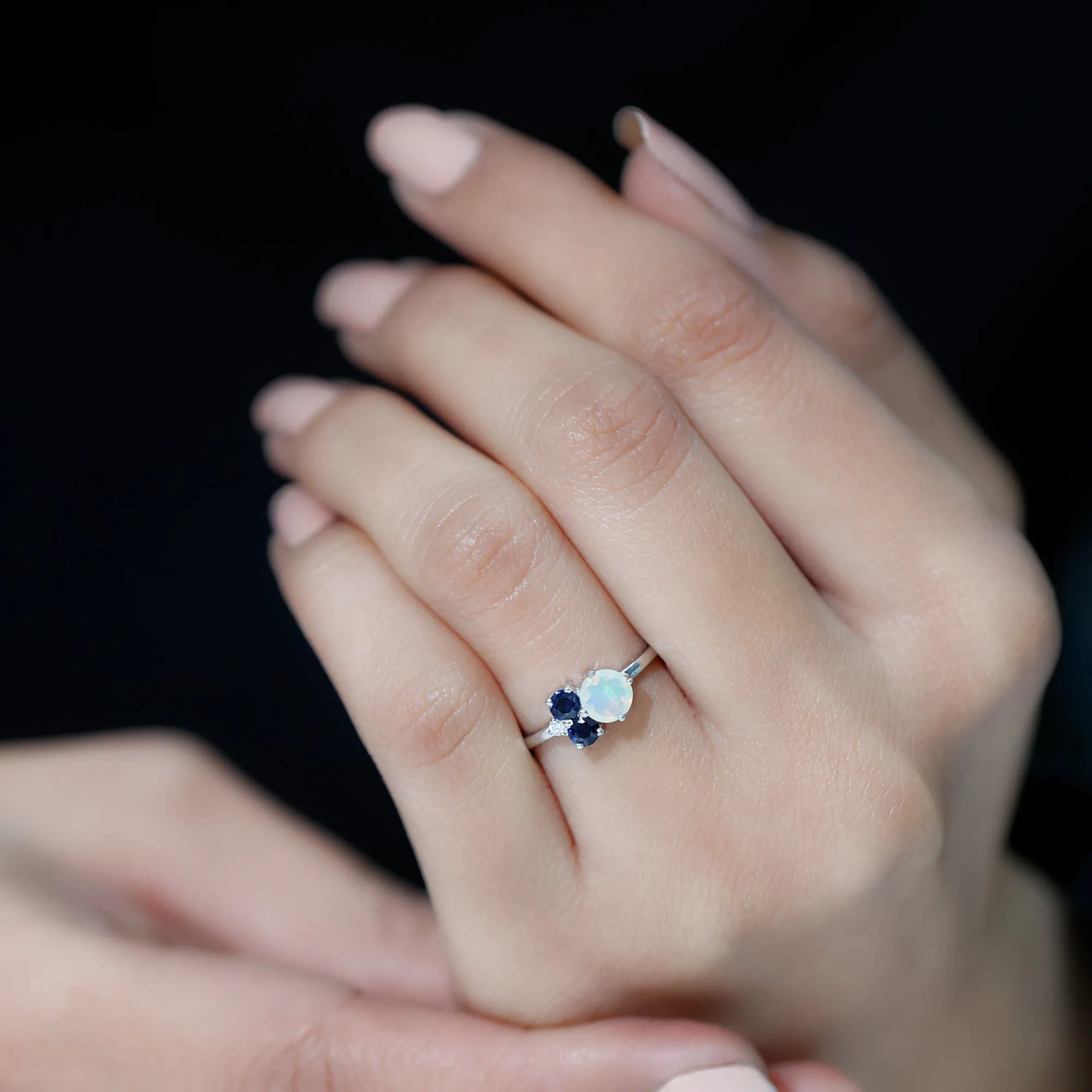 Natural Ethiopian Opal and Blue Sapphire Cluster Promise Ring with Moissanite
