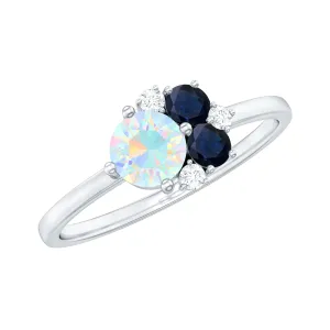 Natural Ethiopian Opal and Blue Sapphire Cluster Promise Ring with Moissanite
