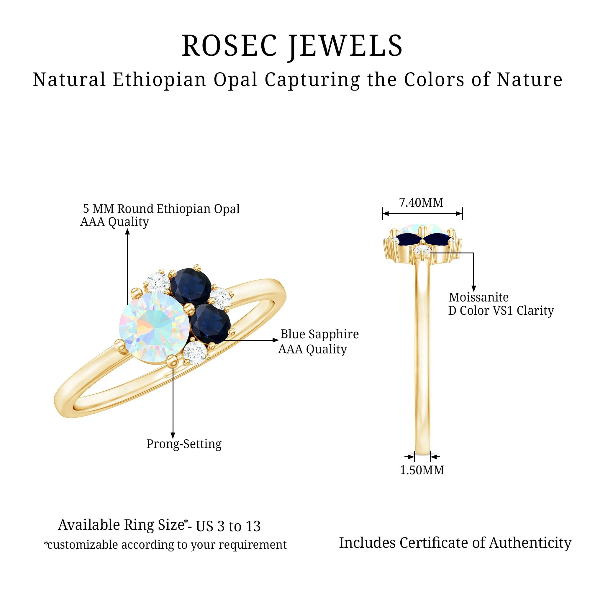 Natural Ethiopian Opal and Blue Sapphire Cluster Promise Ring with Moissanite
