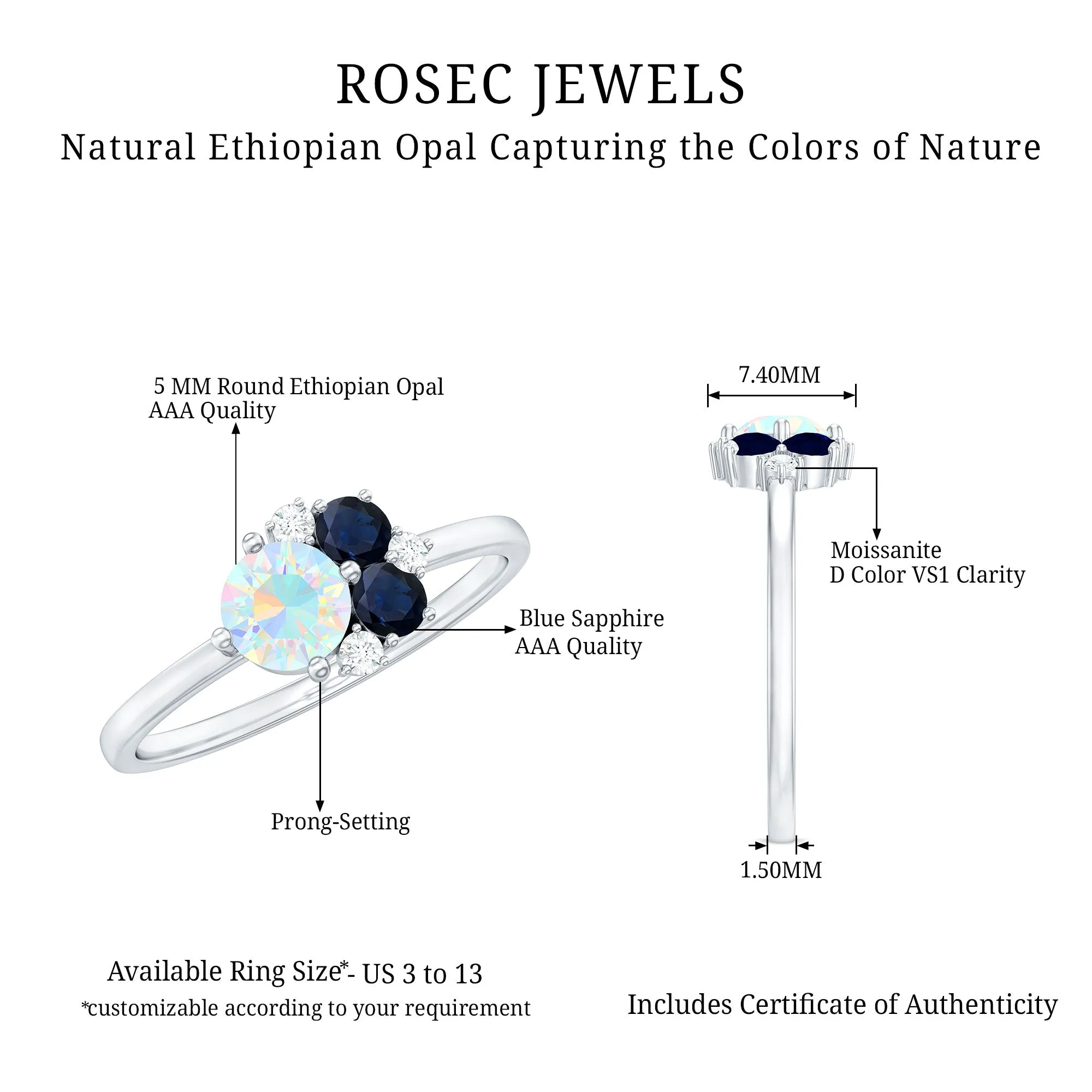 Natural Ethiopian Opal and Blue Sapphire Cluster Promise Ring with Moissanite