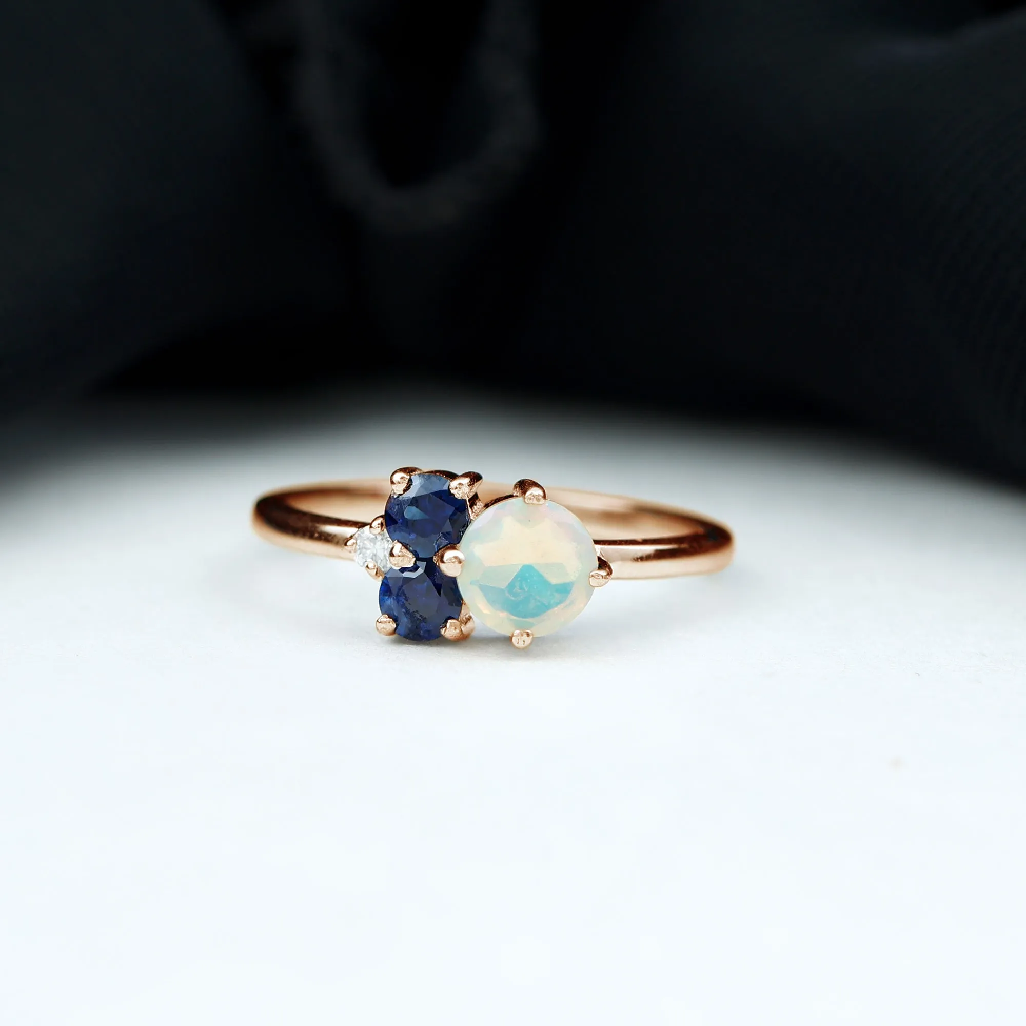 Natural Ethiopian Opal and Blue Sapphire Cluster Promise Ring with Moissanite