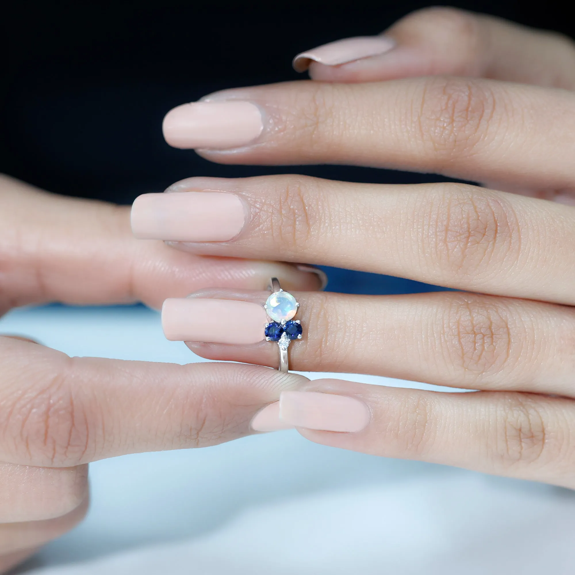 Natural Ethiopian Opal and Blue Sapphire Cluster Promise Ring with Moissanite