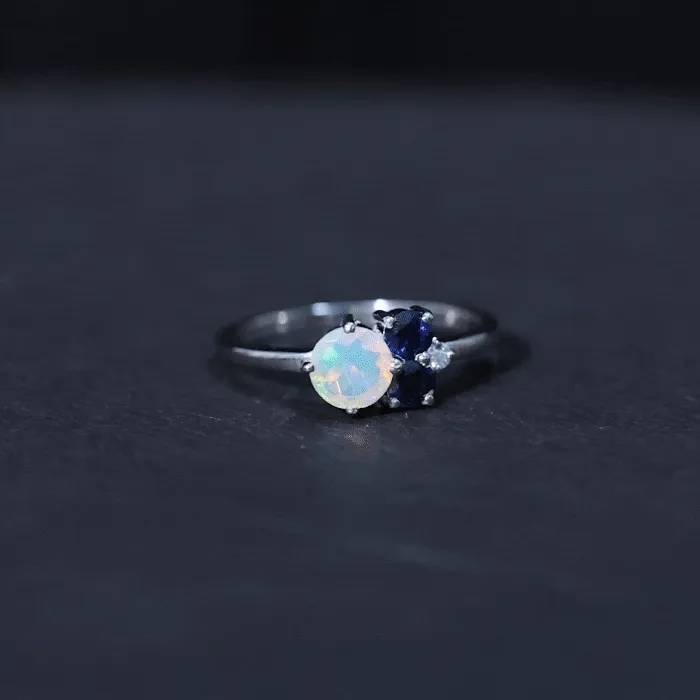 Natural Ethiopian Opal and Blue Sapphire Cluster Promise Ring with Moissanite