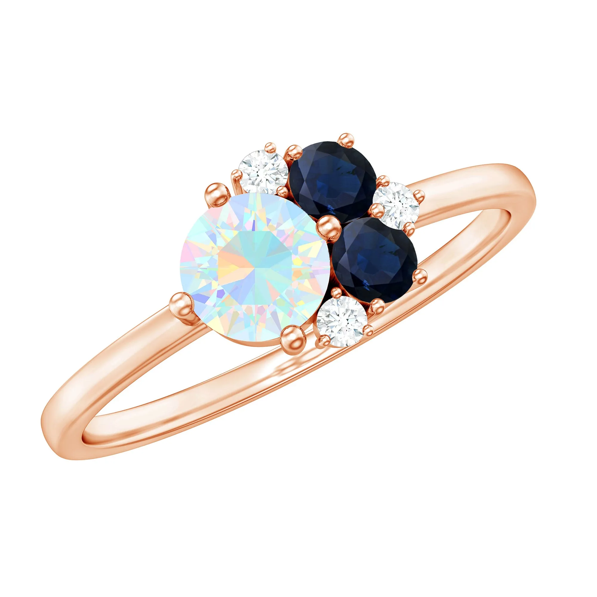 Natural Ethiopian Opal and Blue Sapphire Cluster Promise Ring with Moissanite