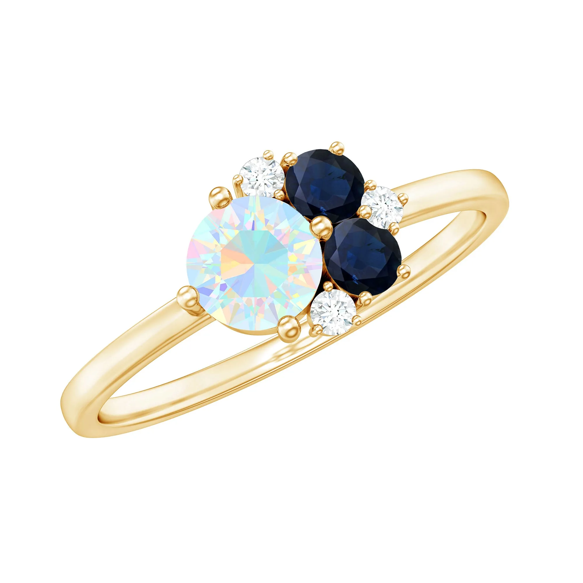 Natural Ethiopian Opal and Blue Sapphire Cluster Promise Ring with Moissanite
