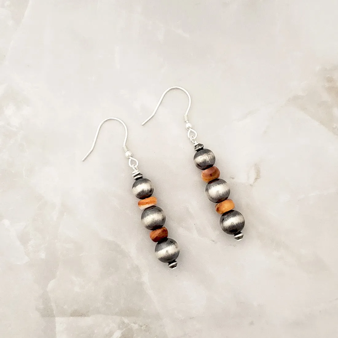 Navajo Pearls 8mm & Orange Spiny Oyster Drop Dangle Earrings Sterling Silver NPE015