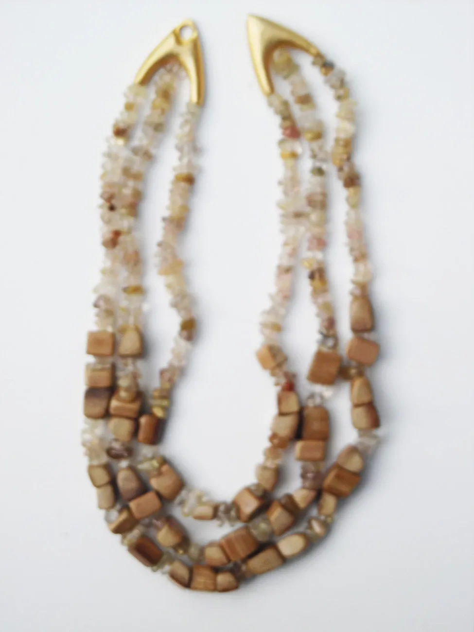 Necklace Triple Strand Rutillated Quartz and Wood