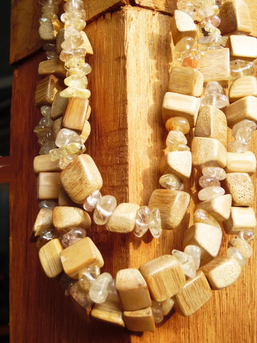 Necklace Triple Strand Rutillated Quartz and Wood