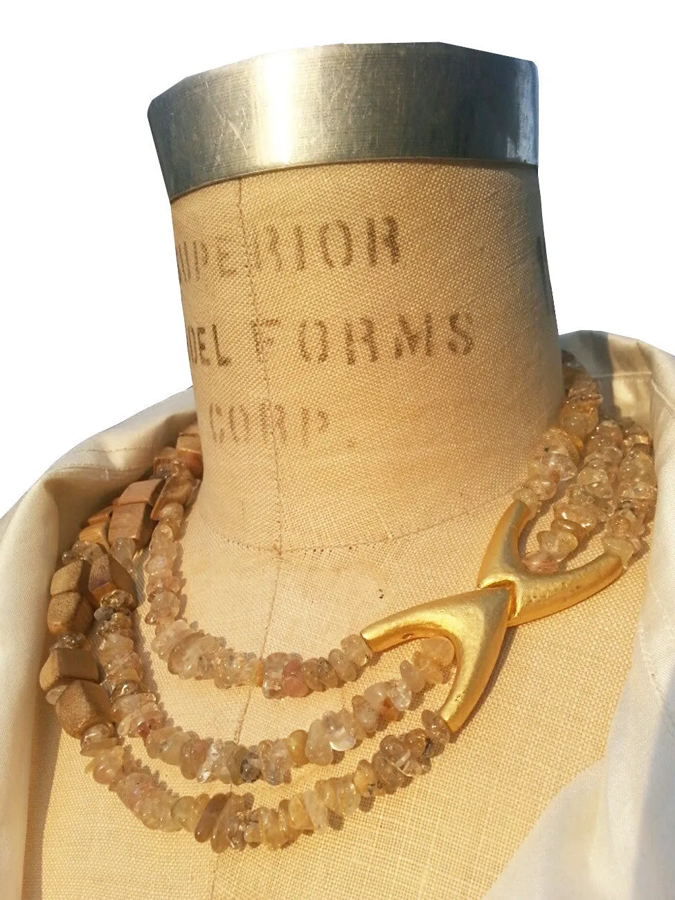 Necklace Triple Strand Rutillated Quartz and Wood
