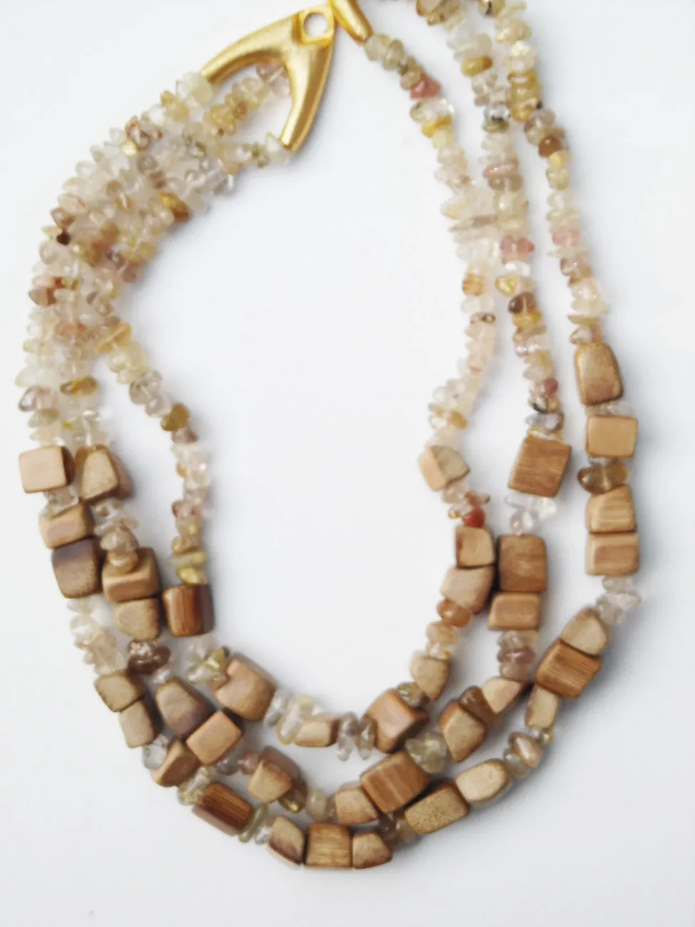 Necklace Triple Strand Rutillated Quartz and Wood