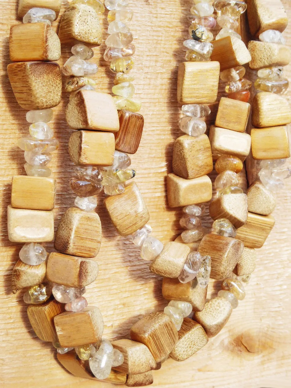 Necklace Triple Strand Rutillated Quartz and Wood