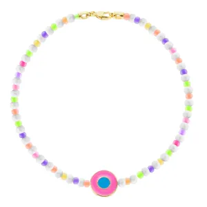 Neon Pink Enameled Evil Eye Disk Beaded Bracelet with Clasp