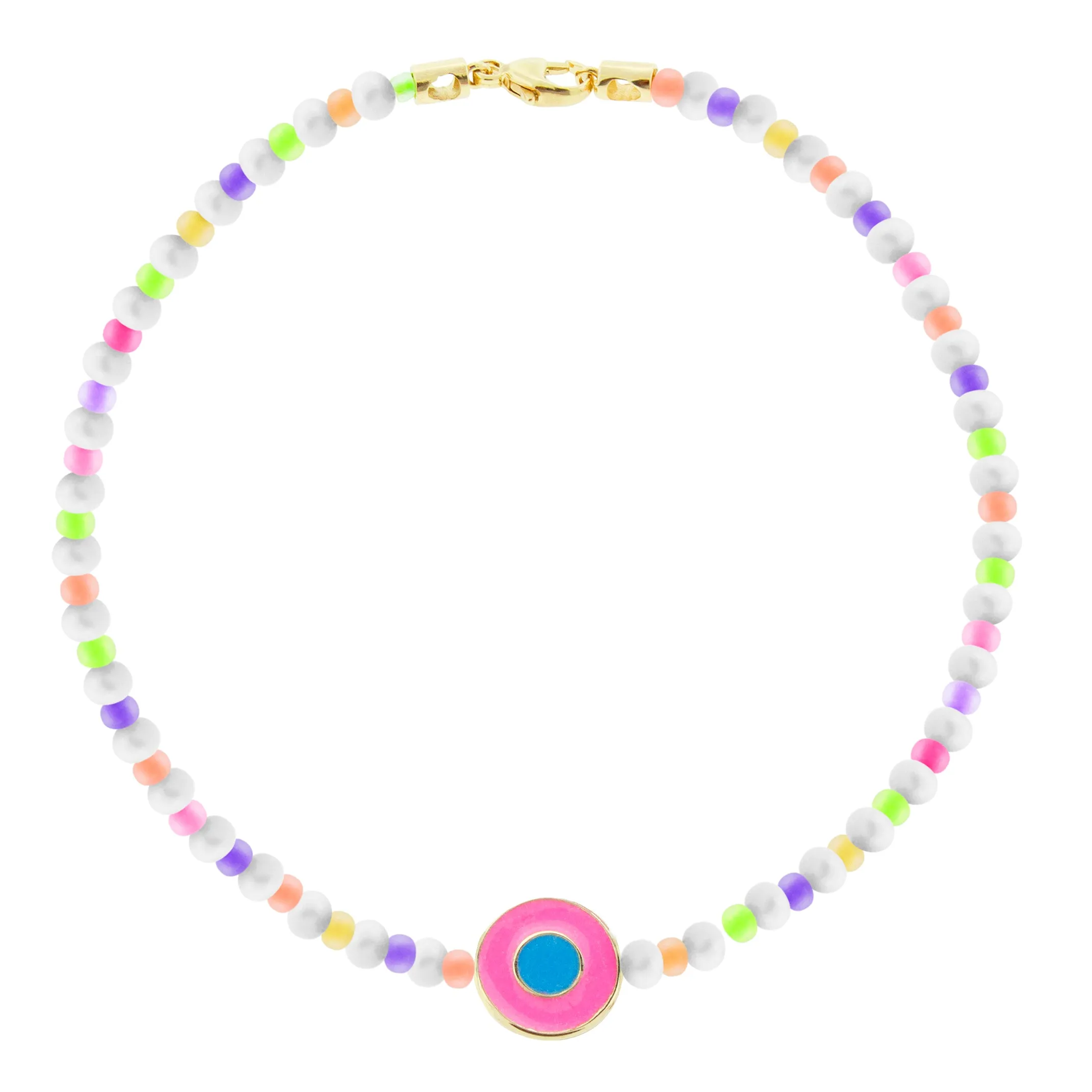Neon Pink Enameled Evil Eye Disk Beaded Bracelet with Clasp