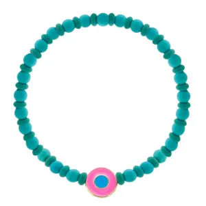Neon Pink Enameled Evil Eye Disk on a Turquoise Beaded Bracelet