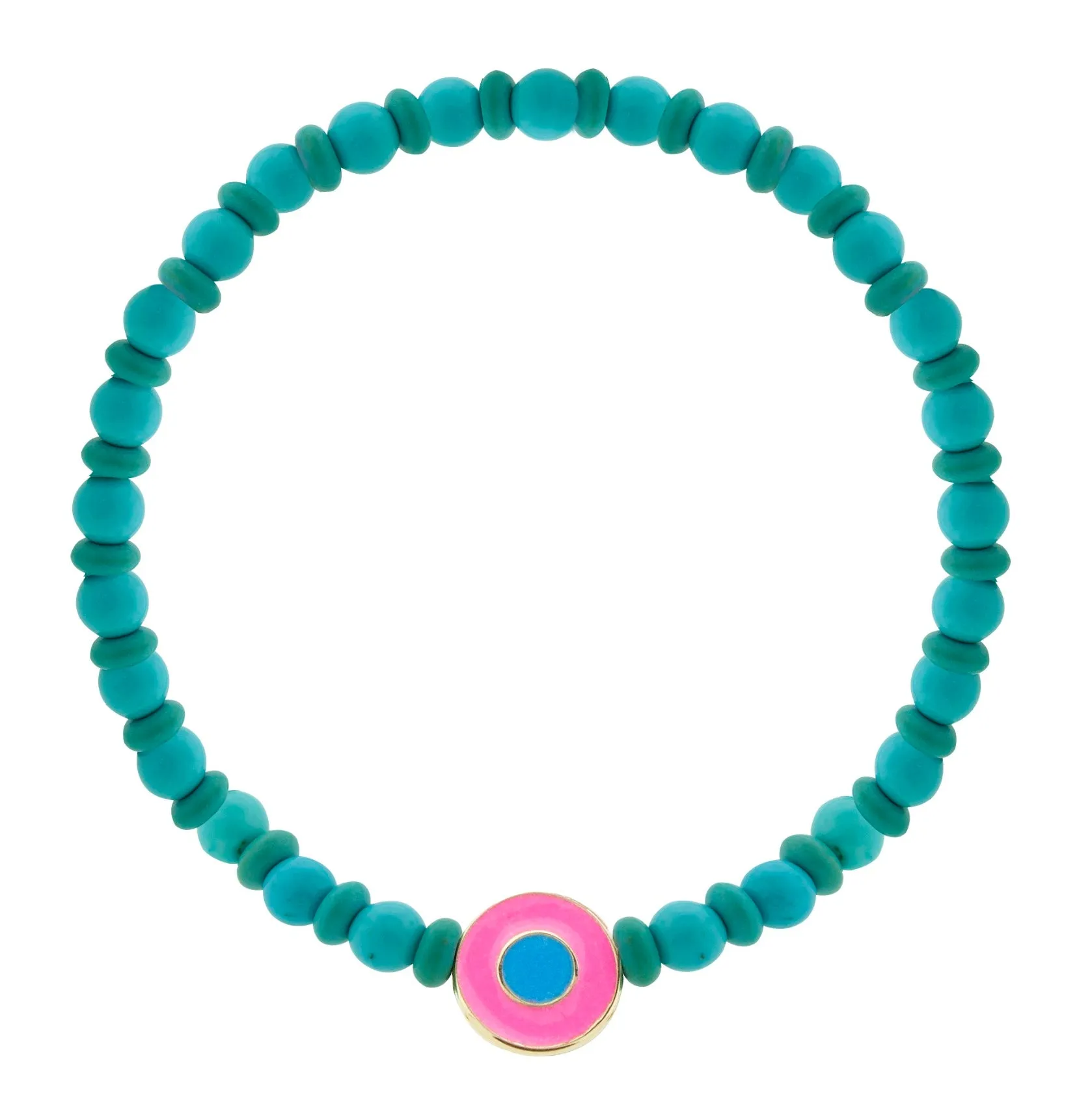 Neon Pink Enameled Evil Eye Disk on a Turquoise Beaded Bracelet