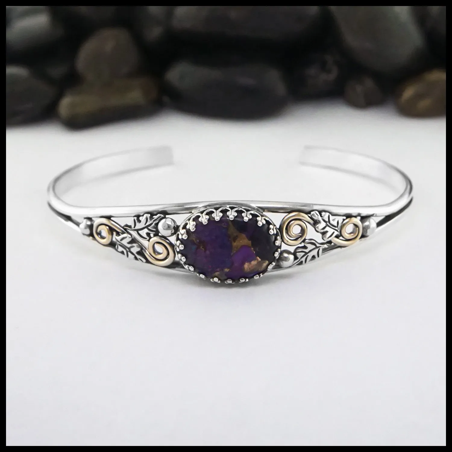 Oak Leaf Cuff Bracelet with Purple Turquoise