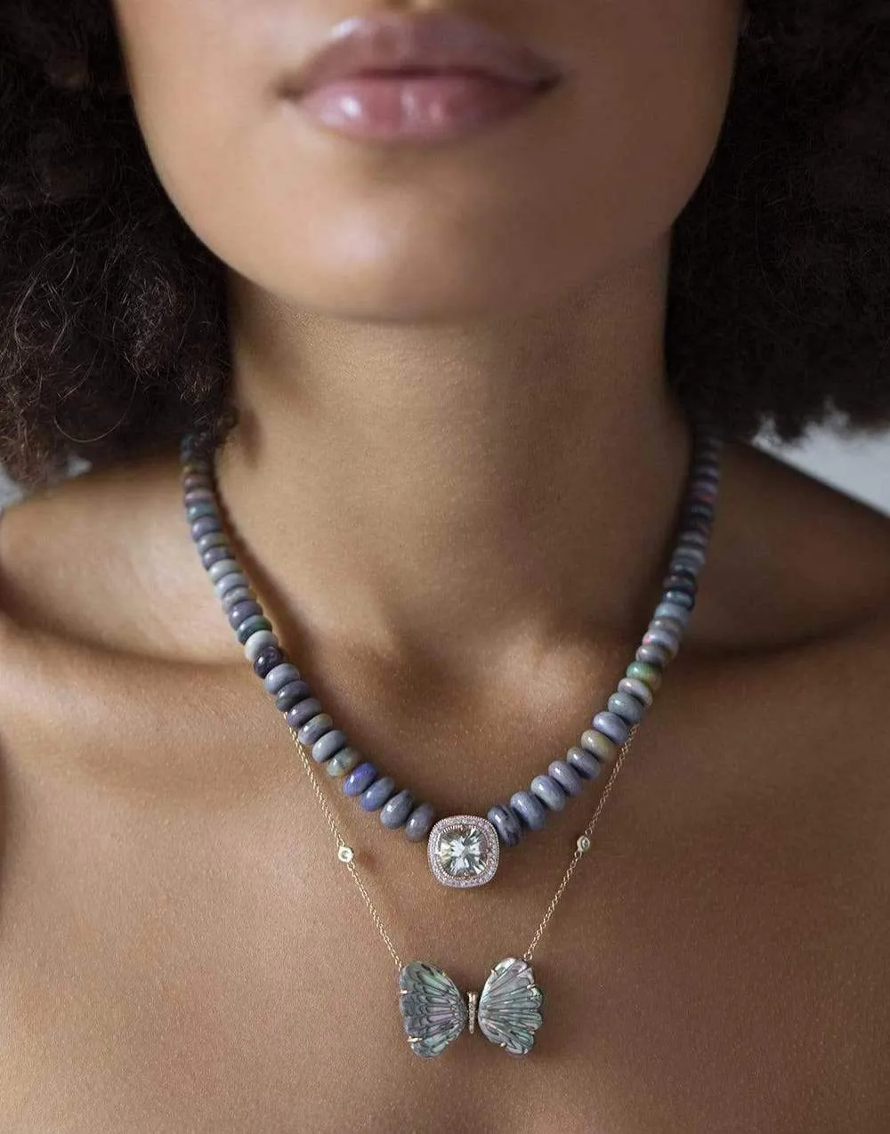 Opal Beaded Necklace with Aquamarine & Diamond Pendant