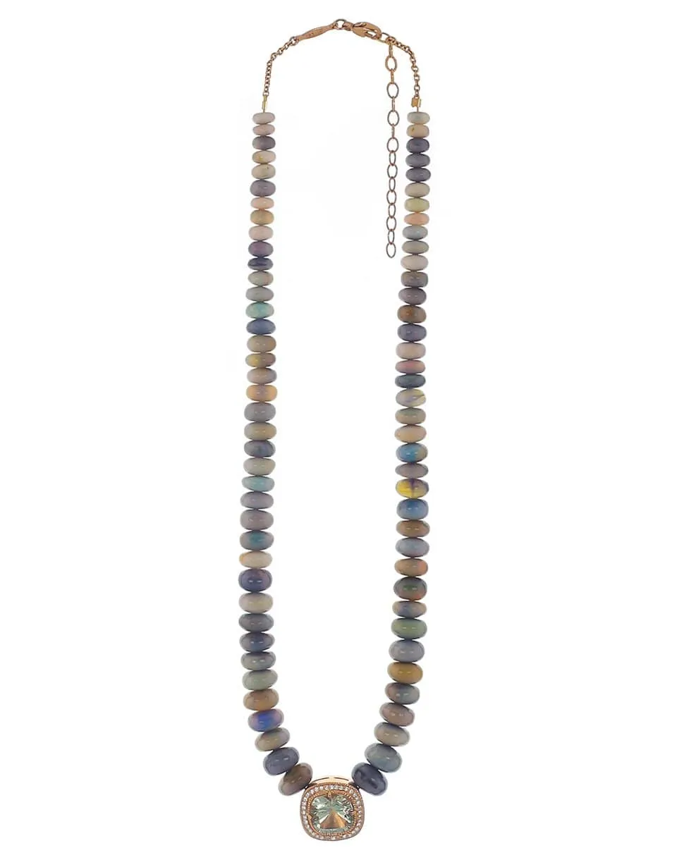 Opal Beaded Necklace with Aquamarine & Diamond Pendant