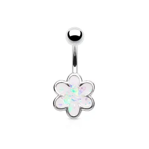 Opal Glitter Filled Flower Belly Ring Silver