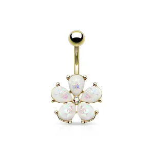Opal Glitter Flower Belly Ring - Gold