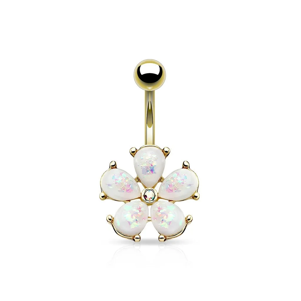 Opal Glitter Flower Belly Ring - Gold