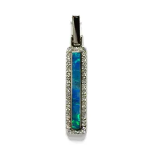 Opal Pendant Rectangle Inlaid Design with .27ctw Round Diamonds Halo