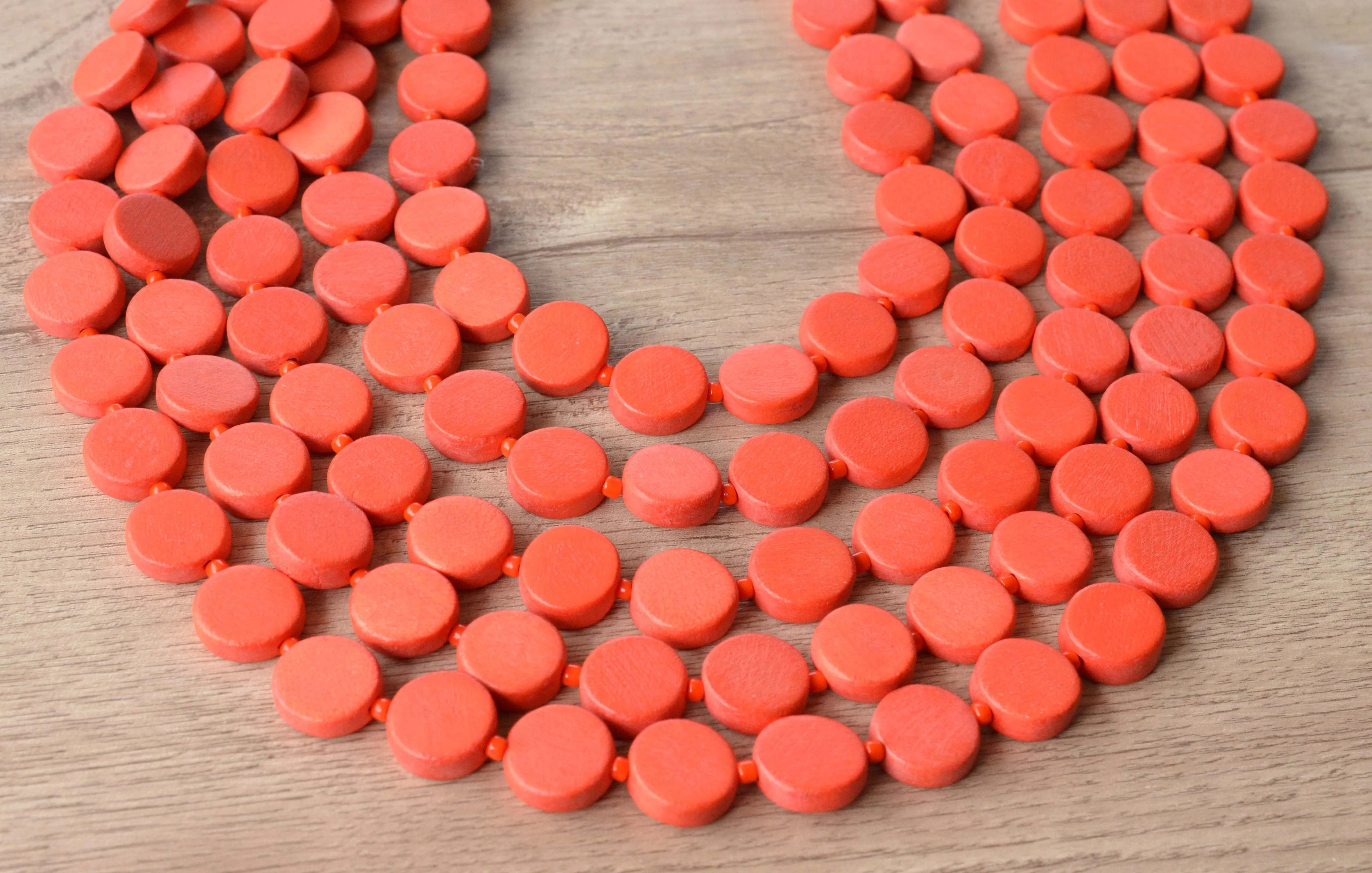 Orange Beaded Wood Chunky Multi Strand Statement Necklace - Charlotte