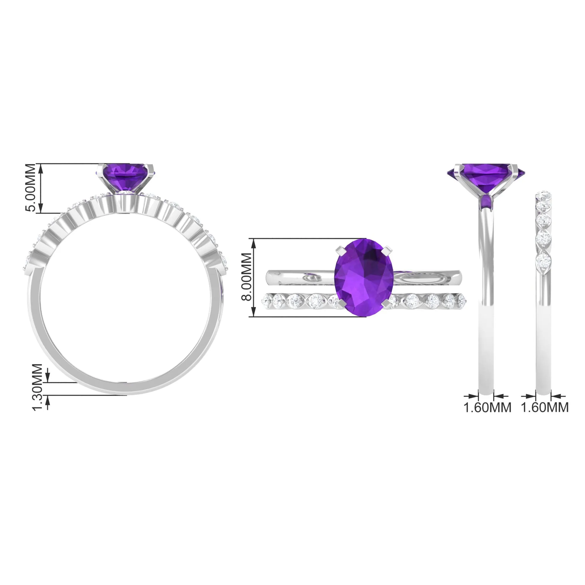 Oval Shape Amethyst Solitaire Ring Set with Diamond