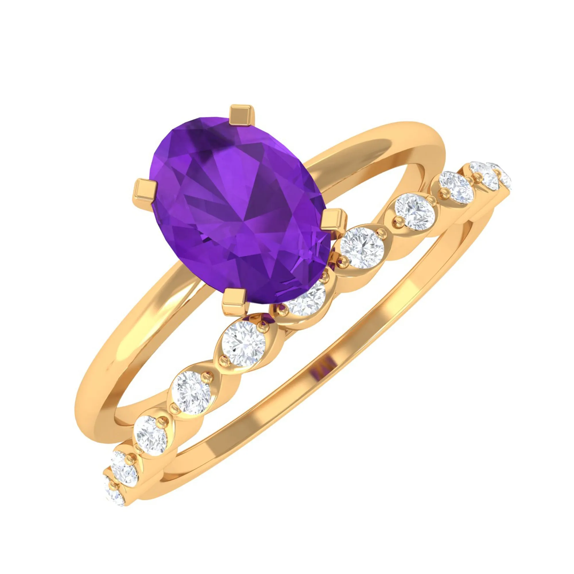 Oval Shape Amethyst Solitaire Ring Set with Diamond