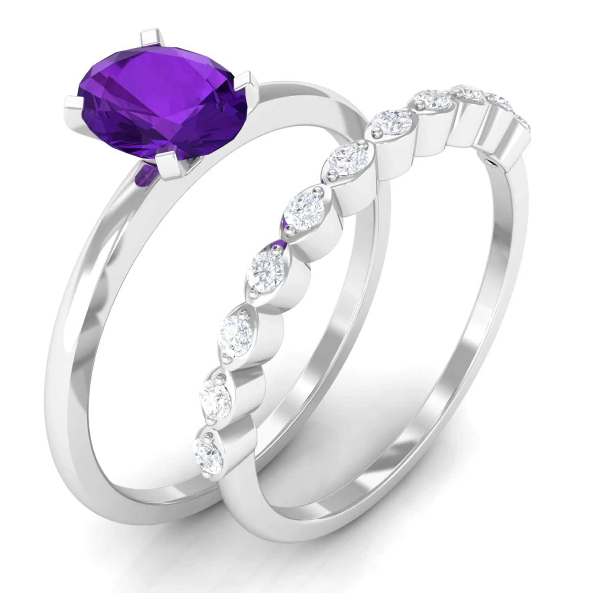 Oval Shape Amethyst Solitaire Ring Set with Diamond