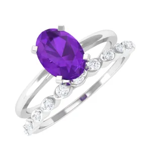 Oval Shape Amethyst Solitaire Ring Set with Diamond