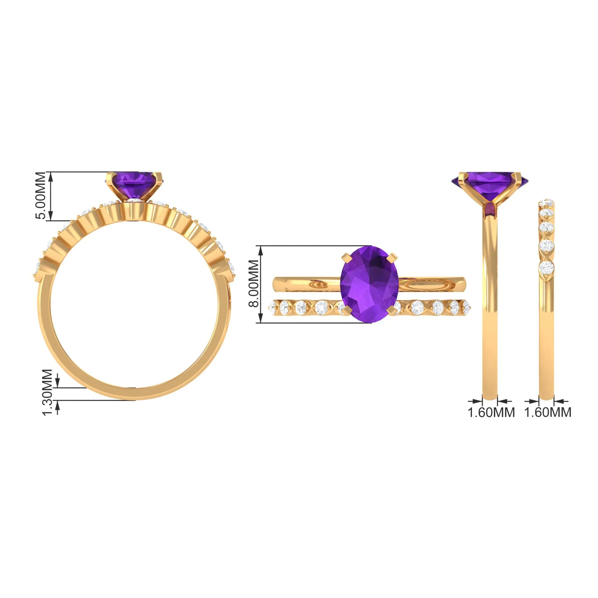 Oval Shape Amethyst Solitaire Ring Set with Diamond