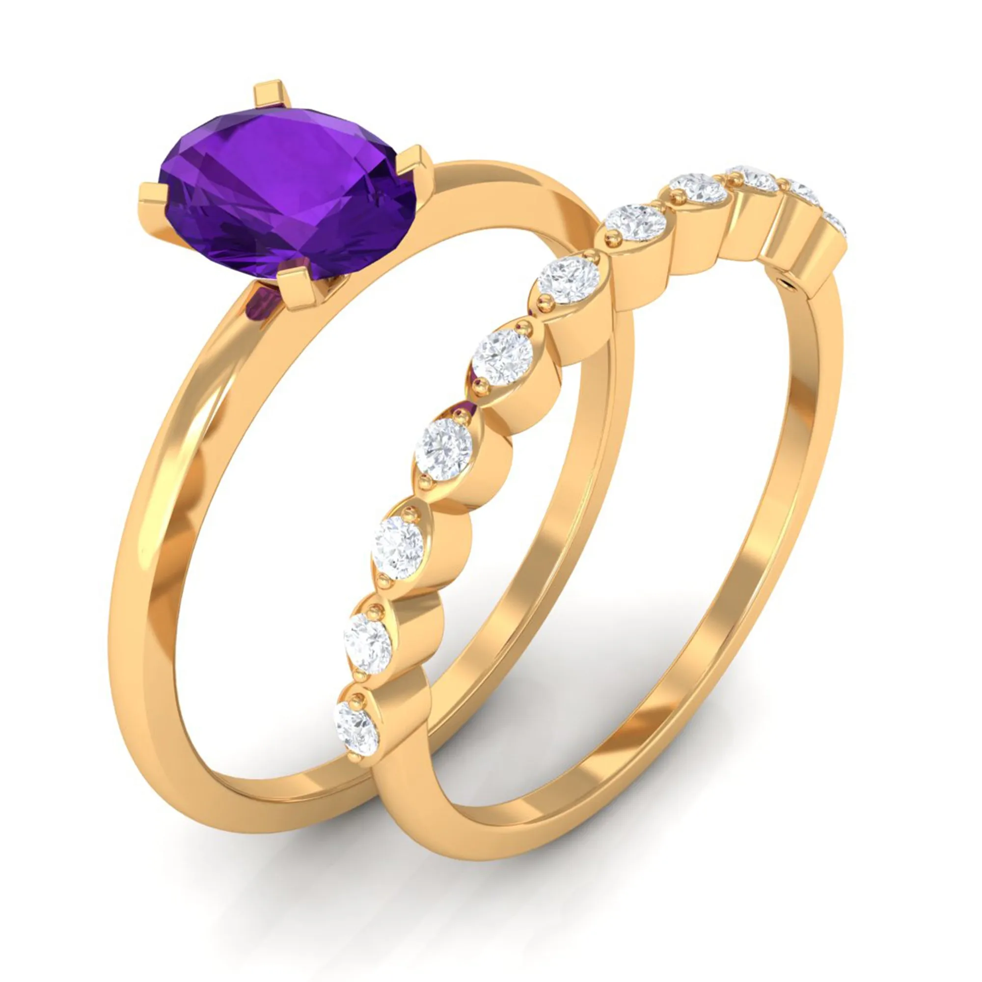 Oval Shape Amethyst Solitaire Ring Set with Diamond