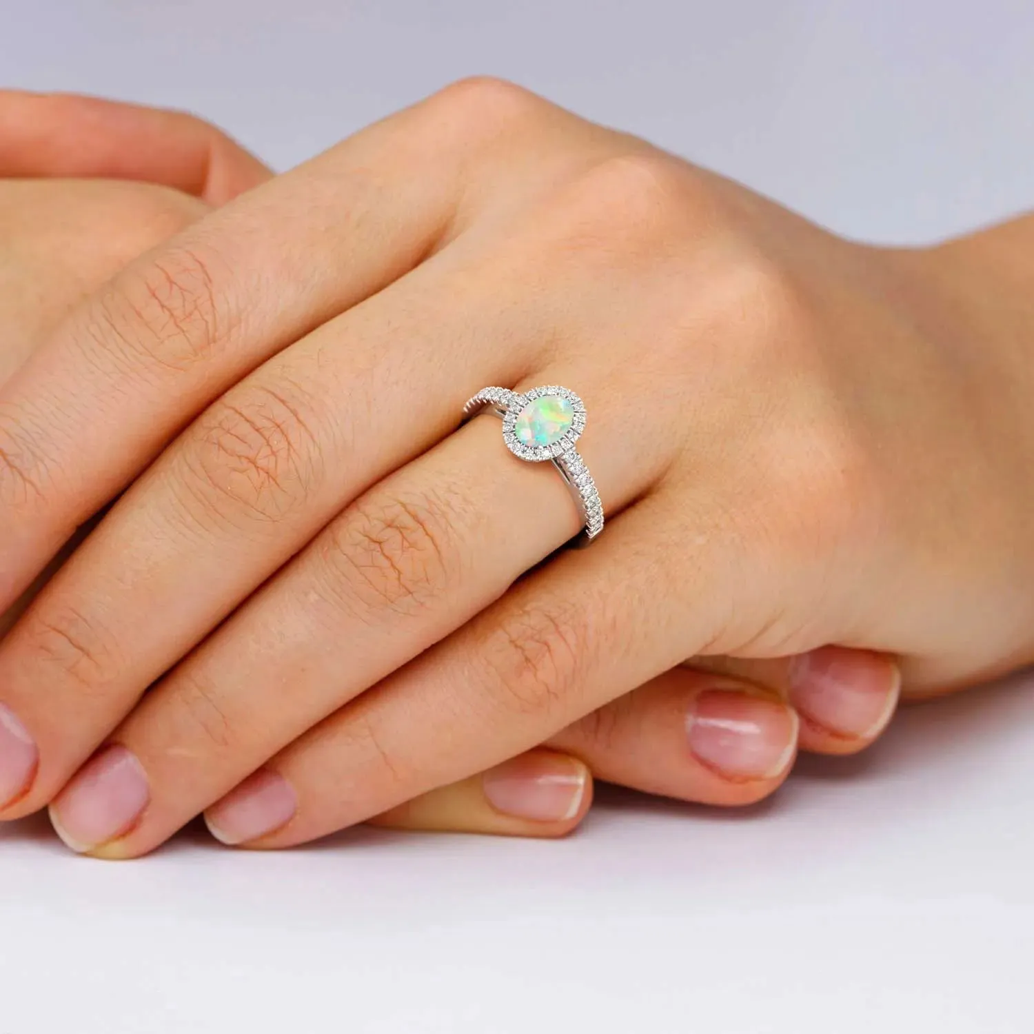 Oval Shape Halo White Opal Ring - Irosk ®
