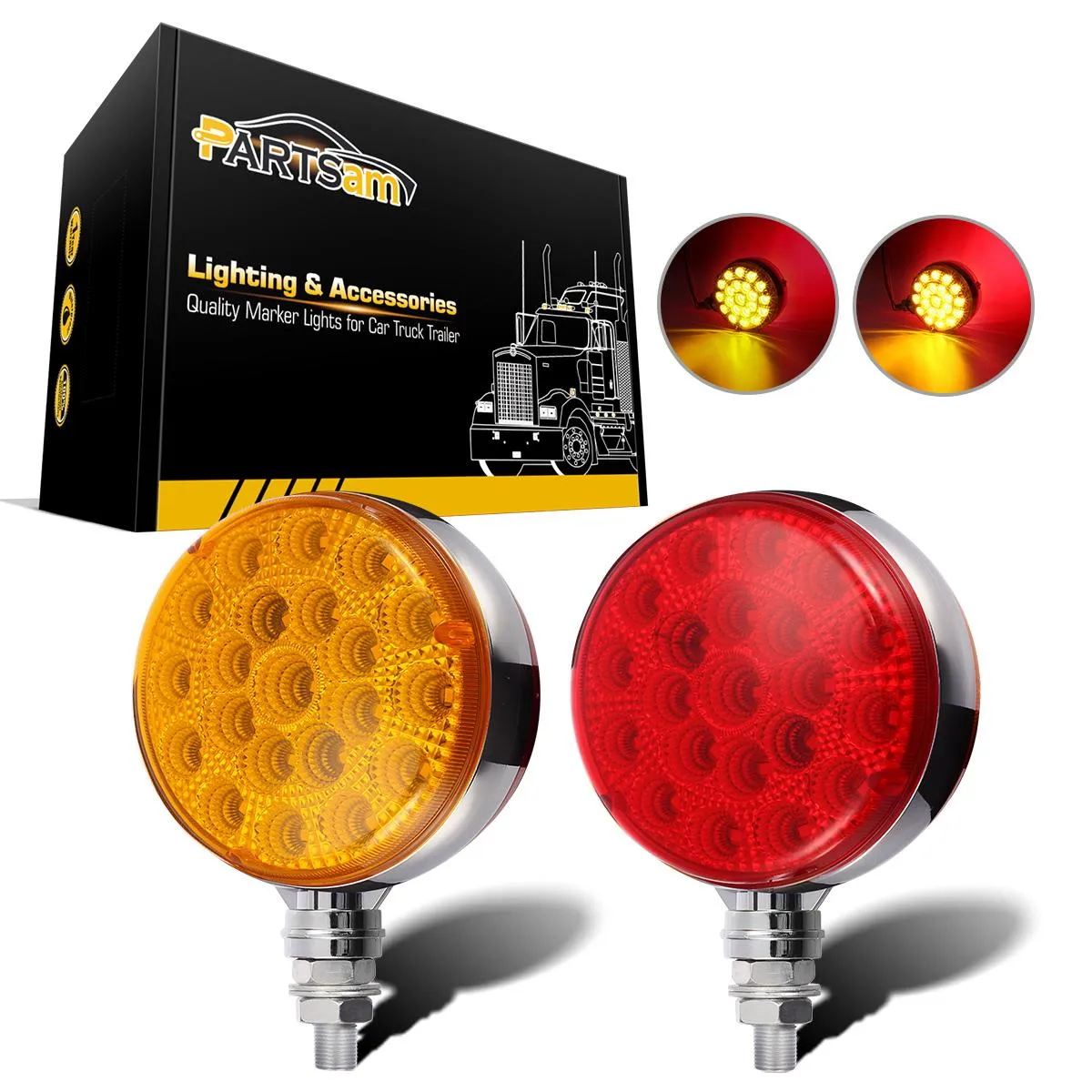 Partsam Round Red/Amber Double Face Led Pedestal Lights with Reflectors 42 LED Waterproof Truck Trailer SUV RV Fender Mount Led Stop Turn Tail and Parking Light, Chrome Die Cast Housing 12V
