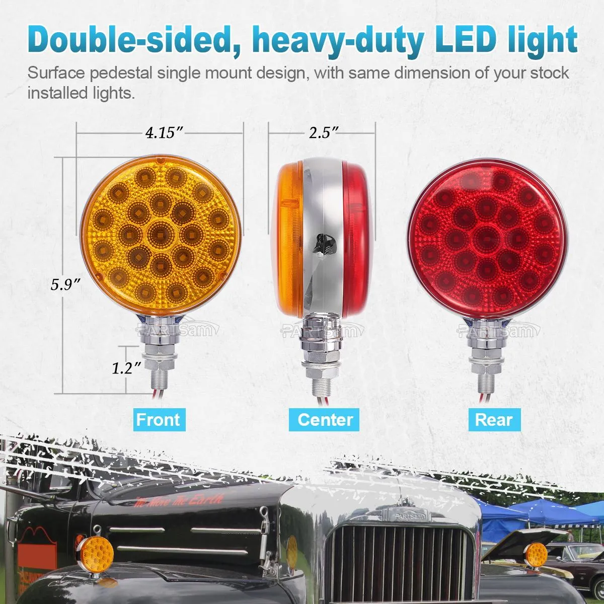 Partsam Round Red/Amber Double Face Led Pedestal Lights with Reflectors 42 LED Waterproof Truck Trailer SUV RV Fender Mount Led Stop Turn Tail and Parking Light, Chrome Die Cast Housing 12V