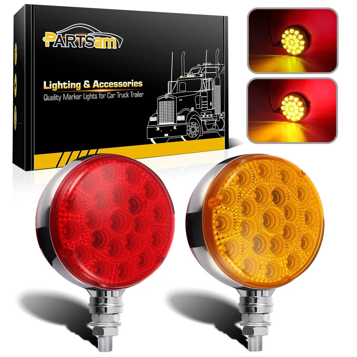 Partsam Round Red/Amber Double Face Led Pedestal Lights with Reflectors 42 LED Waterproof Truck Trailer SUV RV Fender Mount Led Stop Turn Tail and Parking Light, Chrome Die Cast Housing 12V