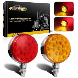 Partsam Round Red/Amber Double Face Led Pedestal Lights with Reflectors 42 LED Waterproof Truck Trailer SUV RV Fender Mount Led Stop Turn Tail and Parking Light, Chrome Die Cast Housing 12V