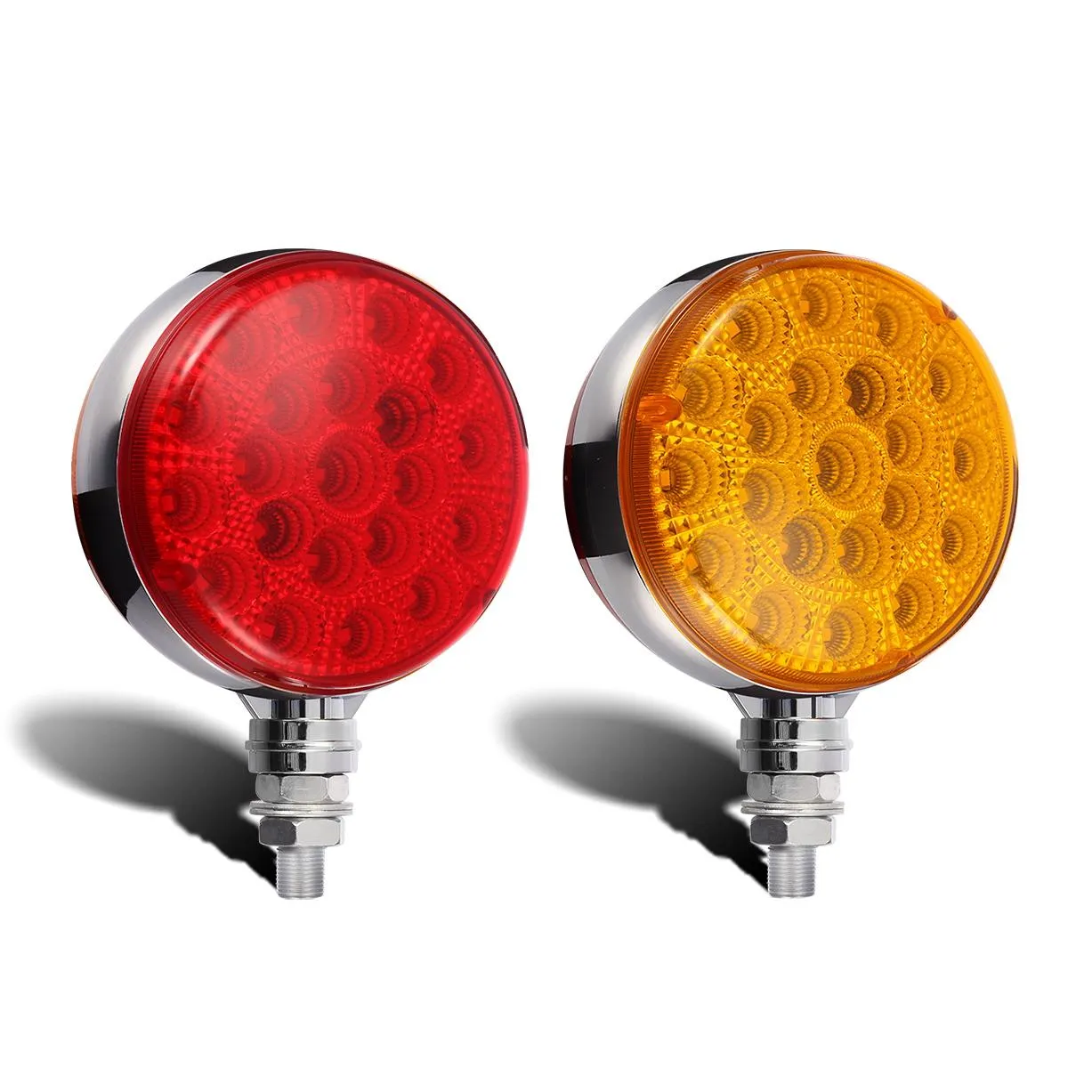 Partsam Round Red/Amber Double Face Led Pedestal Lights with Reflectors 42 LED Waterproof Truck Trailer SUV RV Fender Mount Led Stop Turn Tail and Parking Light, Chrome Die Cast Housing 12V