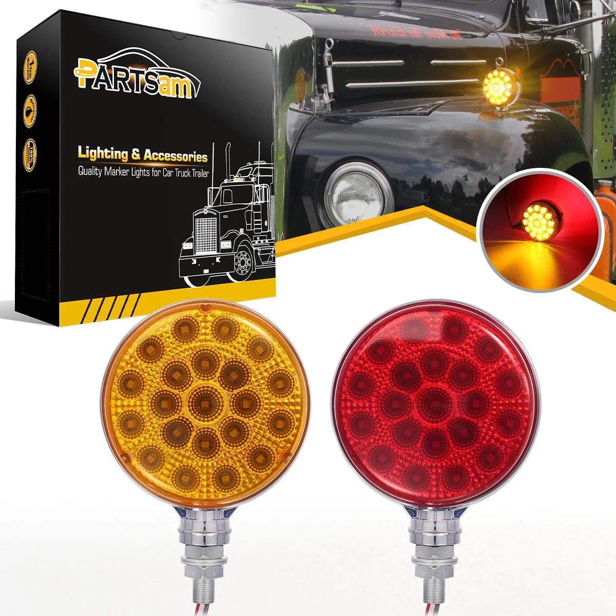 Partsam Round Red/Amber Double Face Led Pedestal Lights with Reflectors 42 LED Waterproof Truck Trailer SUV RV Fender Mount Led Stop Turn Tail and Parking Light, Chrome Die Cast Housing 12V