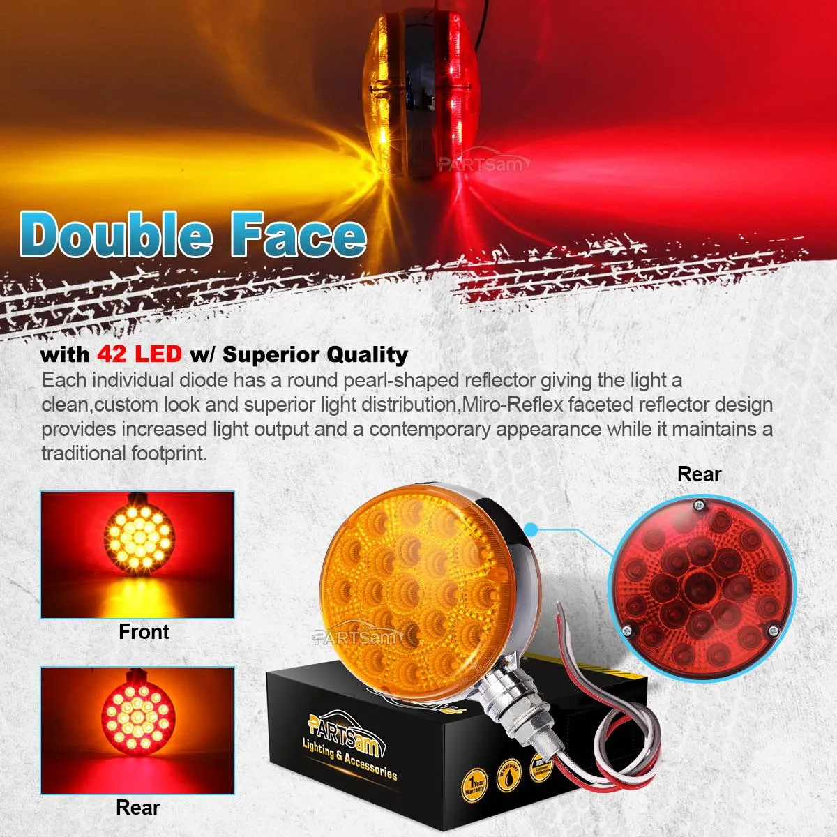 Partsam Round Red/Amber Double Face Led Pedestal Lights with Reflectors 42 LED Waterproof Truck Trailer SUV RV Fender Mount Led Stop Turn Tail and Parking Light, Chrome Die Cast Housing 12V