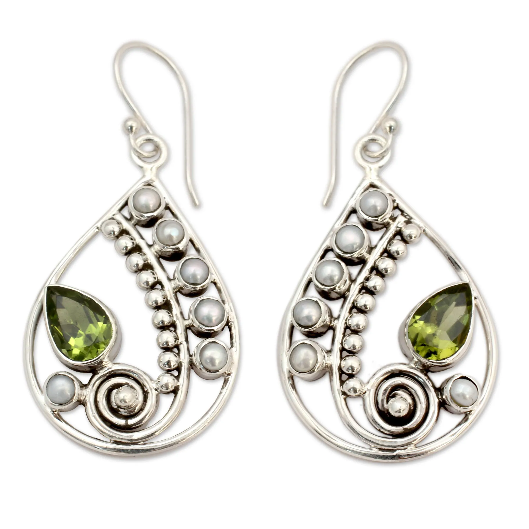 Pearl and Peridot Earrings Sterling Silver Jewelry  - Inspired Paisley | NOVICA