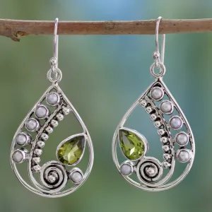 Pearl and Peridot Earrings Sterling Silver Jewelry  - Inspired Paisley | NOVICA